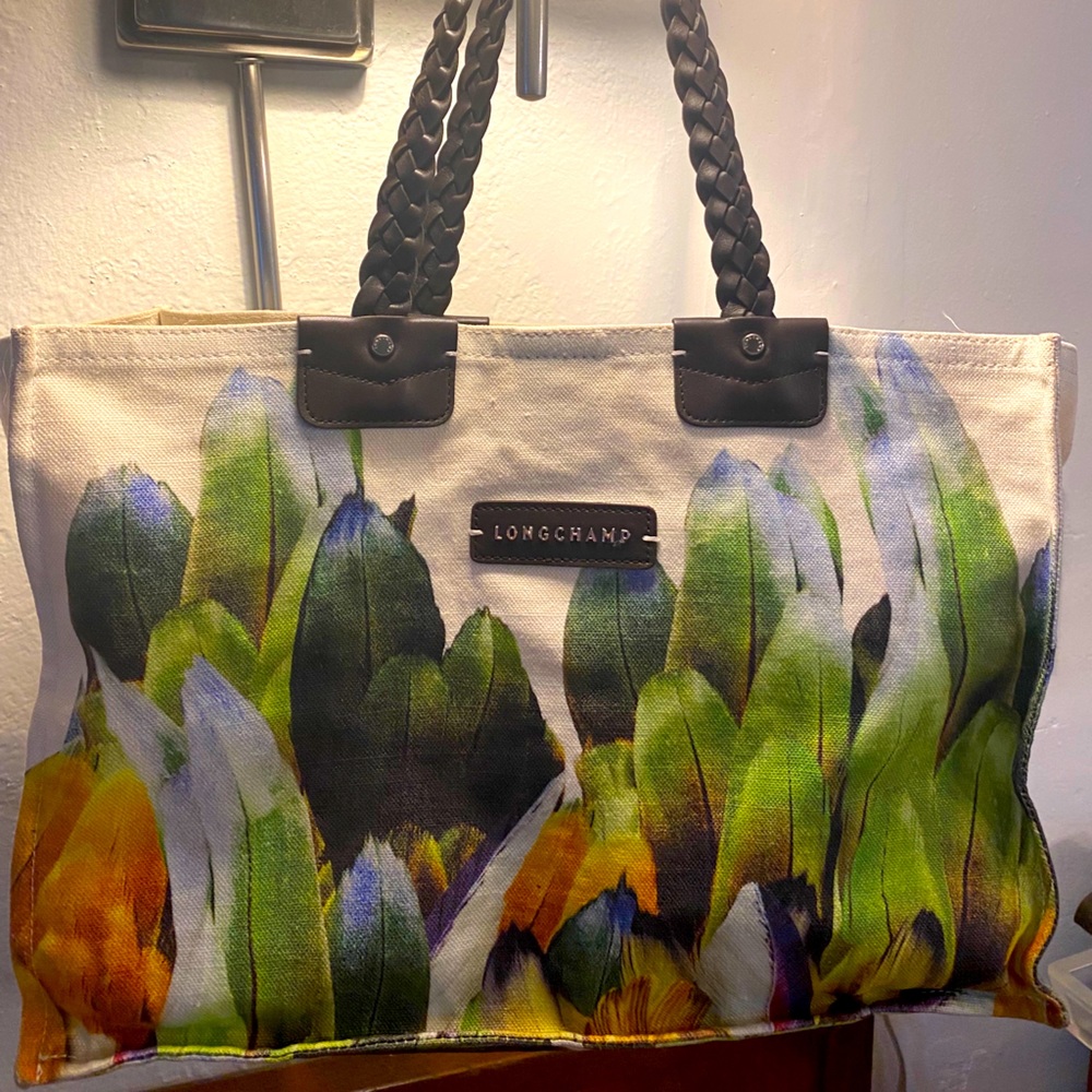 Longchamp Floral Leaves Canvas Tote Bag